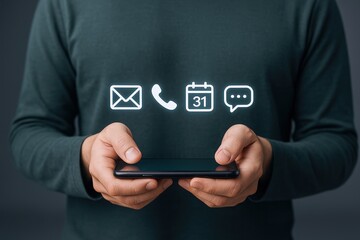 Person Holding Phone with Contact Icons: Email, Call, Calendar, Message Representing Communication Methods