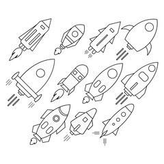 Rocket Outline Icon Set &ndash; Minimalist Space Shuttle Vector Illustrations