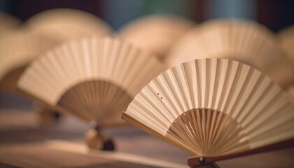 Row of wooden folding fans with bamboo ribs displayed on a surface traditional