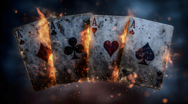Scorched Playing Cards Framed by Flames and Dark Smoke