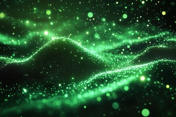 Abstract green background with glowing particles in a dynamic wave pattern