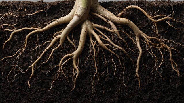 Robust plant roots deeply embedded in dark, fertile soil, symbolizing growth, stability, and natural foundation