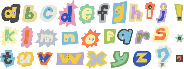 kids funny alphabet in doodle style with emoji faces in vector. elements for decor postcard design print sticker poster background