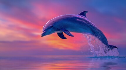 Majestic Dolphin Leaping from Ocean at Sunset - Marine Mammal in Wild, Aquatic Scene