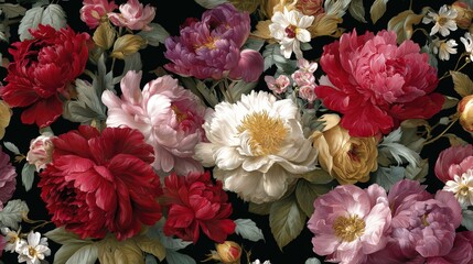 Dark Background Floral Pattern With Peonies And Roses