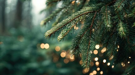 Close-up of pine branch with water droplets, soft bokeh of warm lights