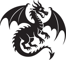 Black Silhouette of Funny Dragon Black and White Vector