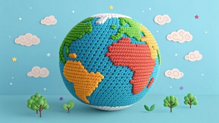 Naklejka premium Colorful Crocheted Earth Globe with Clouds, Stars, and Trees on Blue Background