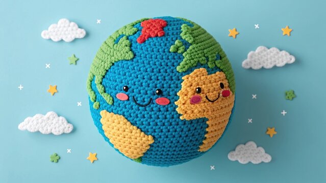 Cute Crocheted Earth Globe with Happy Faces, Clouds, and Stars on Blue Background - Powered by Adobe