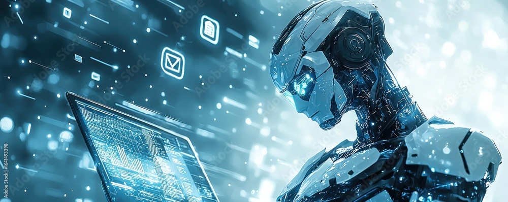 Wall mural cybernetic robot engaging with futuristic digital technology and data analysis
