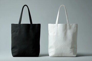Two blank canvas tote bags, black and white, on a gray background