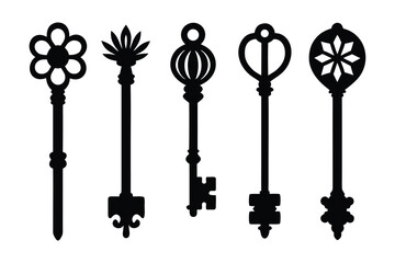 Collection of ornate vintage skeleton keys in silhouette