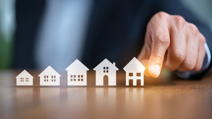 Man pointing at house model, exploring real estate investment and housing opportunities