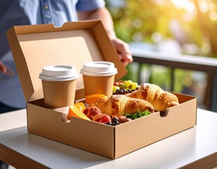 Takeout coffee cups and a fresh breakfast croissant with fruits in a brown cardboard box on a table outdoors du a sunny day with green foliage in background