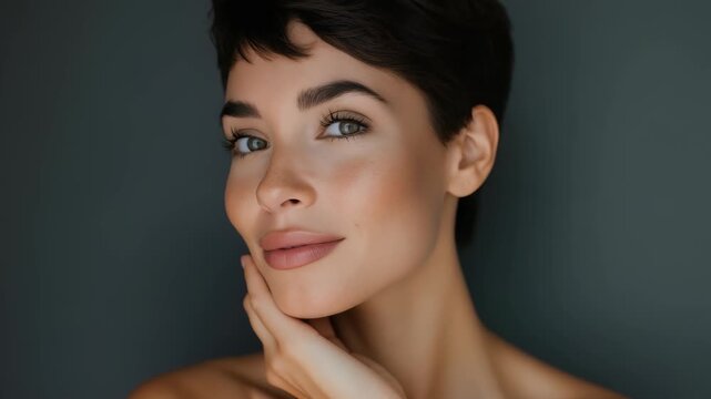 A close-up woman with short dark hair, fair skin, set against subdued background. She gazes calmly at camera, with serene expression on her face, highlighting her elegant beauty