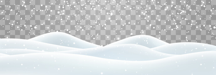 Vector heavy snowfall with snowbanks field. Snow landscape decoration, frozen hills isolated on png background. Snow flakes, snow and blizzard falling on snowdrifts. Christmas vector illustration