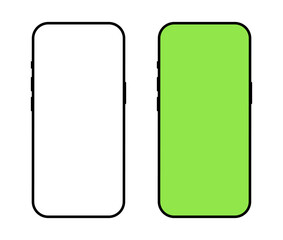 Smartphone simple black icons. Mobile phone with empty screen, blank green screen. Smartphone mockups flat front view. Mobile phone samples.