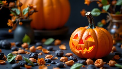 A Halloween themed setup featuring a carved pumpkin with spooky teeth shapes and jack o' lantern eyes, situated on a surface strewn with fallen leaves that are likely maple