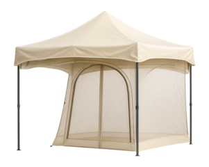 Double-layer collapsible event shelter with a screened entrance, great for summer weddings in a countryside estate.