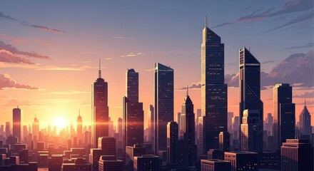 Fototapeta premium Anime-Style Metropolis Skyline Bathed in the Warm Glow of a Serene Sunrise