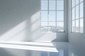 Obraz premium Empty, bright room with large window overlooking a cityscape. Sunlight streams in, casting shadows on the white floor and walls
