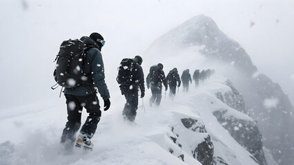 Mountaineers hiking along a snow-covered ridge in a fierce snowstorm, viewed from the side.
