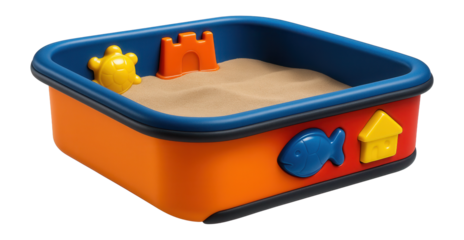Brightly colored plastic sandbox with built-in sand molds for creative play