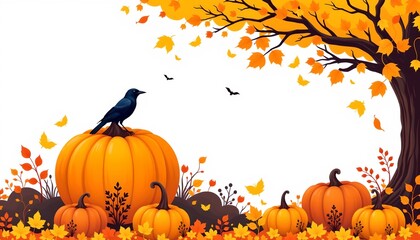 A whimsical autumnal scene featuring two large pumpkins flanking an ornamental tree with a single bird perched at its peak, surrounded by falling leaves under a sky filled with trees in autumn hues.