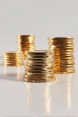 Stacks of gleaming golden coins, arranged in varying heights, symbolizing wealth, savings, and financial growth.