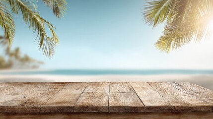 Empty Wooden Table Top On Tropical Beach Background