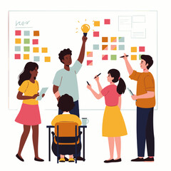 A diverse team of creative professionals collaborates on a whiteboard, brainstorming innovative ideas and solutions for a successful business project.