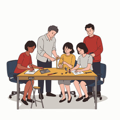 A diverse group of students and instructors collaborate on an educational project, fostering teamwork and innovation in a workshop setting.
