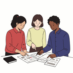 Three diverse colleagues collaboratively review important documents, pointing at information and discussing strategies during a productive team meeting.