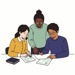 Three diverse individuals engage in focused teamwork, collaboratively reviewing documents and discussing important concepts for a successful project.