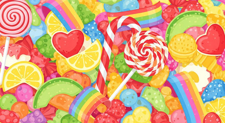 A bright and vibrant seamless pattern filled with a variety of colorful cartoon candies including lollipops and fruit slices, a perfect background for a sweet celebration