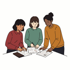 Diverse group of young professionals collaborating on a project, reviewing documents and discussing ideas in a productive team meeting environment.