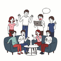 A diverse group of young adults engages in lively conversation and digital interaction within a comfortable, modern social setting, illustrating teamwork and community.