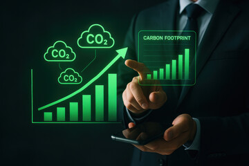 Carbon footprint increase concept with business person pointing rising graph and CO2 cloud icons