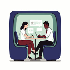 Diverse professionals collaborate in a modern, soundproof office pod, symbolizing focused productivity and private communication within a contemporary work environment.