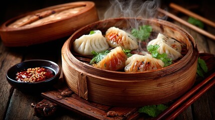 Steaming dumplings in bamboo steamer with sauce and herbs