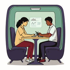 Two diverse professionals diligently work on laptops within a sleek, modern private office pod, symbolizing focused productivity and contemporary collaboration.