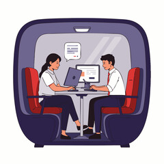 Two professionals are diligently working in a contemporary private office pod, collaborating on projects with their laptops in a focused environment.