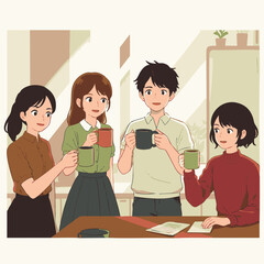 Four diverse young adults enjoy a relaxed coffee break, engaging in friendly conversation and fostering collaborative ideas in a bright, modern office environment.