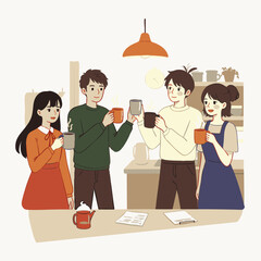 Four diverse young adults enjoy a relaxed social gathering, sharing warm beverages and engaging in friendly conversation in a cozy, modern setting, fostering connection.