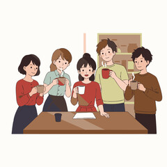 A vibrant vector illustration captures five diverse individuals, both men and women, enjoying a relaxed coffee or tea break together, fostering connection.