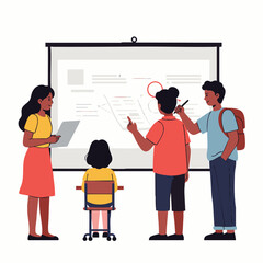 Diverse group of students and educators collaborating on a project using a modern projector screen in an engaging learning environment.