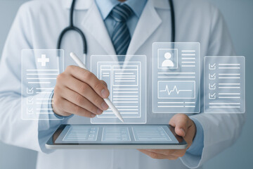 Doctor using digital tablet with medical data interface, showing advanced healthcare technology