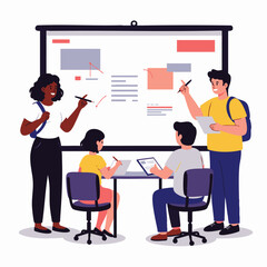 Diverse students and educators actively collaborate on a large projector screen, illustrating teamwork and knowledge sharing during a dynamic business or educational session.