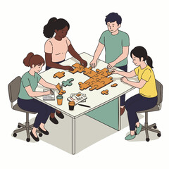 Four diverse individuals collaboratively assembling a complex jigsaw puzzle on a white table, illustrating teamwork and problem-solving.