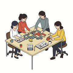 Four diverse individuals are actively engaged in a collaborative board game session, fostering teamwork and strategic thinking around a modern table.